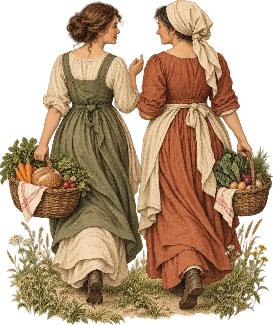 Ilustração de duas mulheres conversando com cestas de alimentos