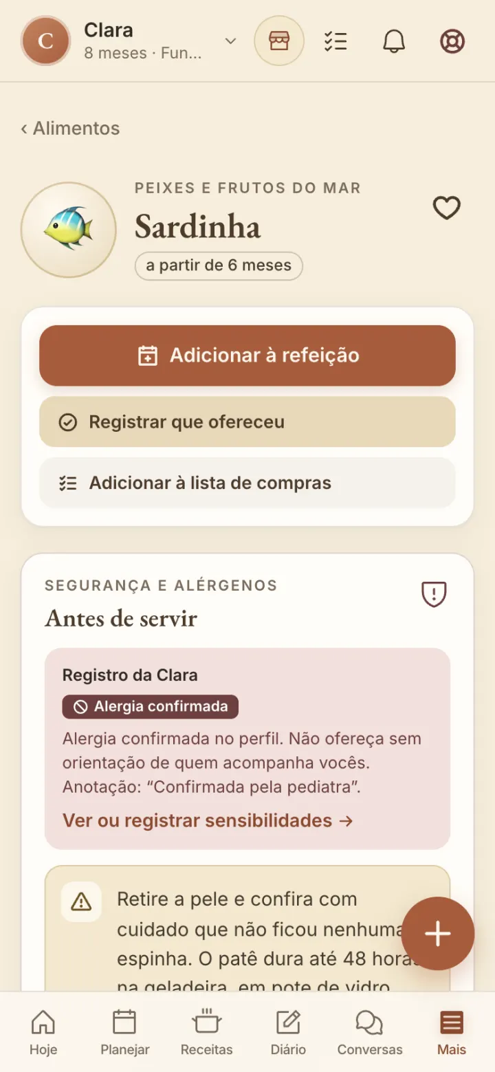 Página da sardinha com o aviso de alergia confirmada registrada para a bebê