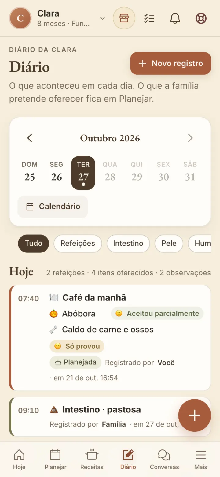 Diário: calendário e os registros do dia com aceitação de cada alimento