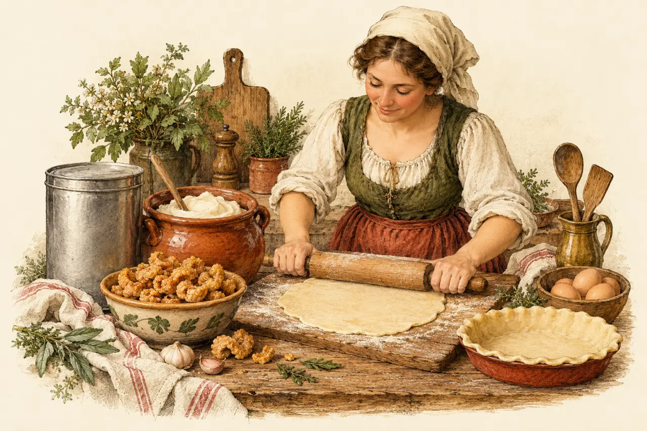 Ilustração de uma cozinheira abrindo massa com rolo sobre tábua enfarinhada, com uma tigela de torresmo, um pote de banha branca e uma forma de torta já forrada