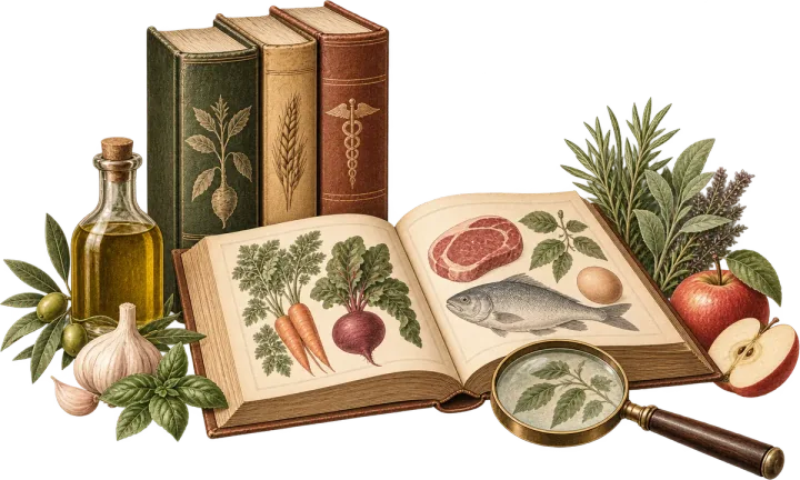 Ilustração de livros antigos, um livro aberto com legumes e peixe, uma lupa, azeite e ervas