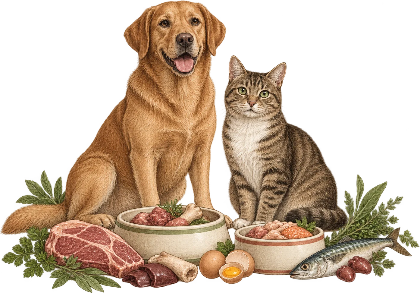 Ilustração de um cão e um gato diante de tigelas com carne, ossos, ovos e peixe