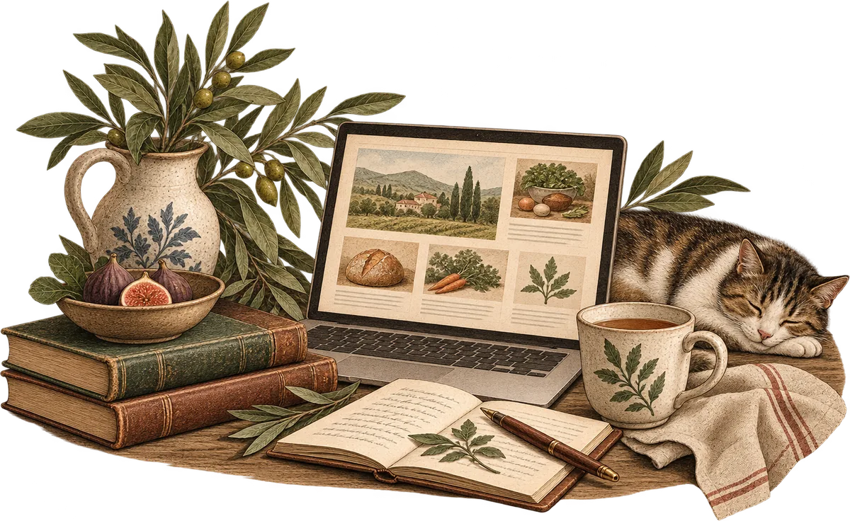 Ilustração de um notebook com receitas entre livros, chá e um gato dormindo