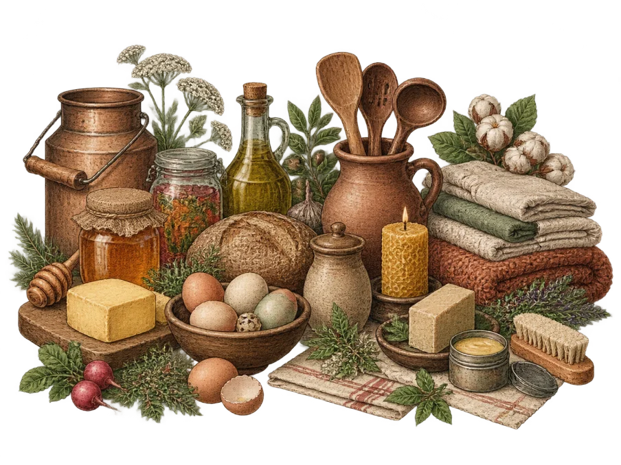 Ilustração de mel, manteiga, ovos, pão, utensílios de madeira, tecidos e sabão
