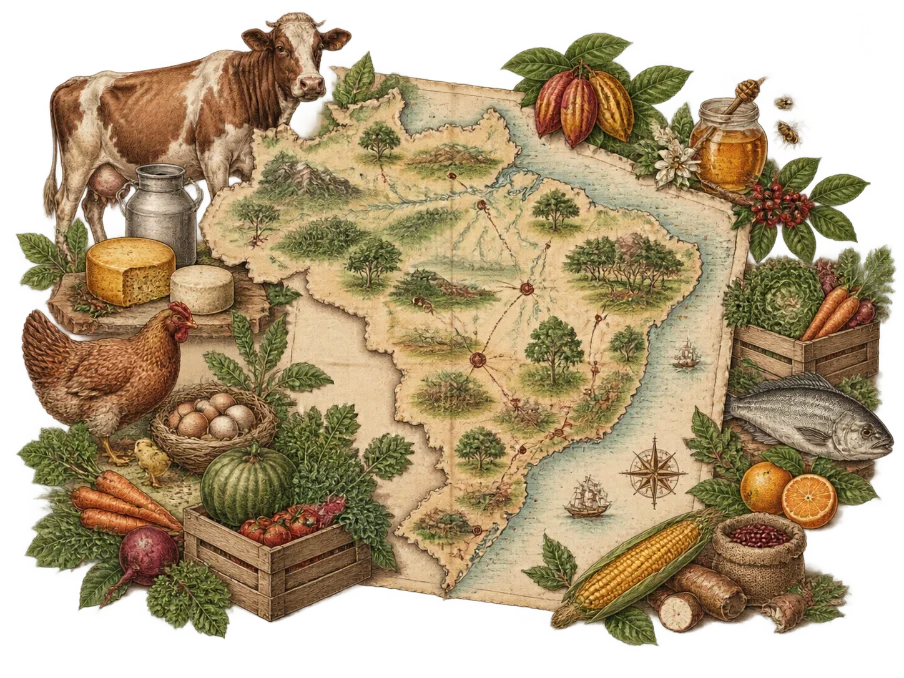 Ilustração de um mapa do Brasil cercado de alimentos do campo