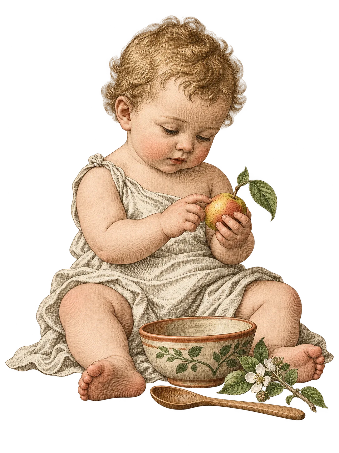 Bebê explorando uma fruta em gravura botânica