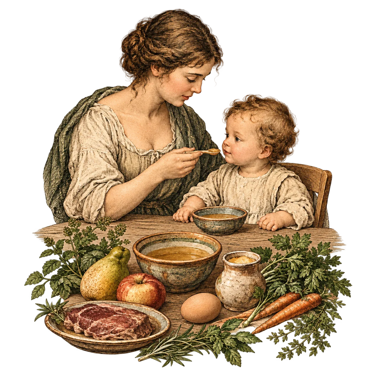 Mãe alimentando a criança em uma mesa rústica