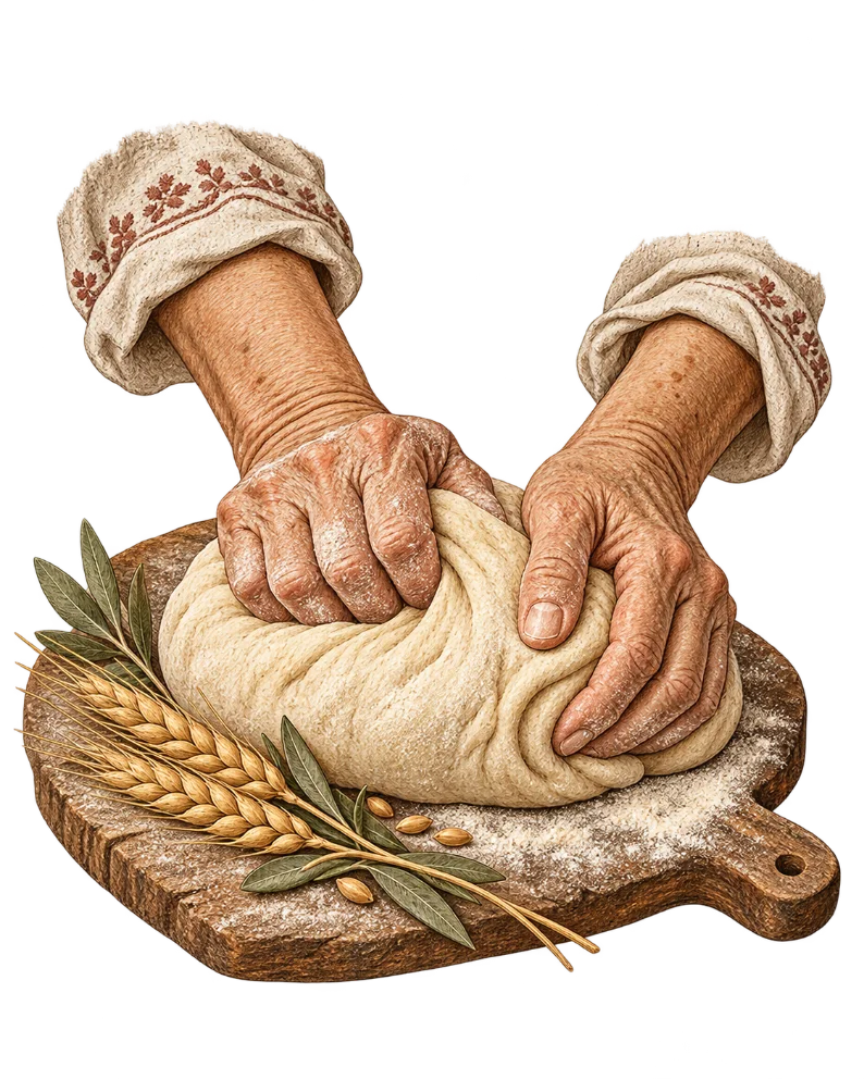 Ilustração de mãos sovando massa de pão sobre uma tábua de madeira com trigo