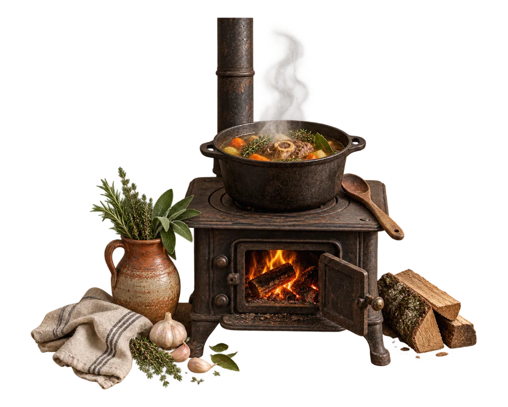 Ilustração de um fogão a lenha com panela de caldo, ervas, alho e lenha