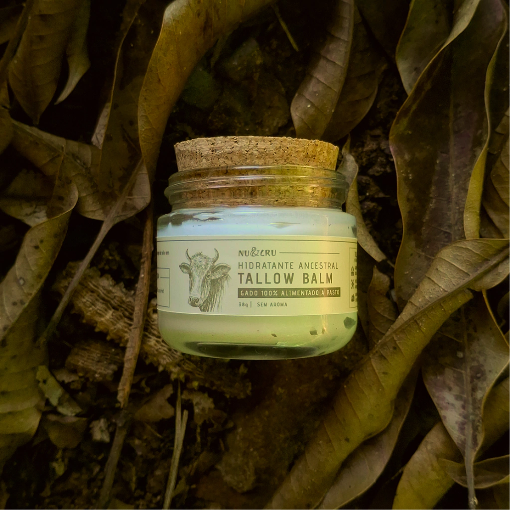 Pote de vidro de Tallow Balm Nu&Cru 100% Tallow, com tampa de cortiça