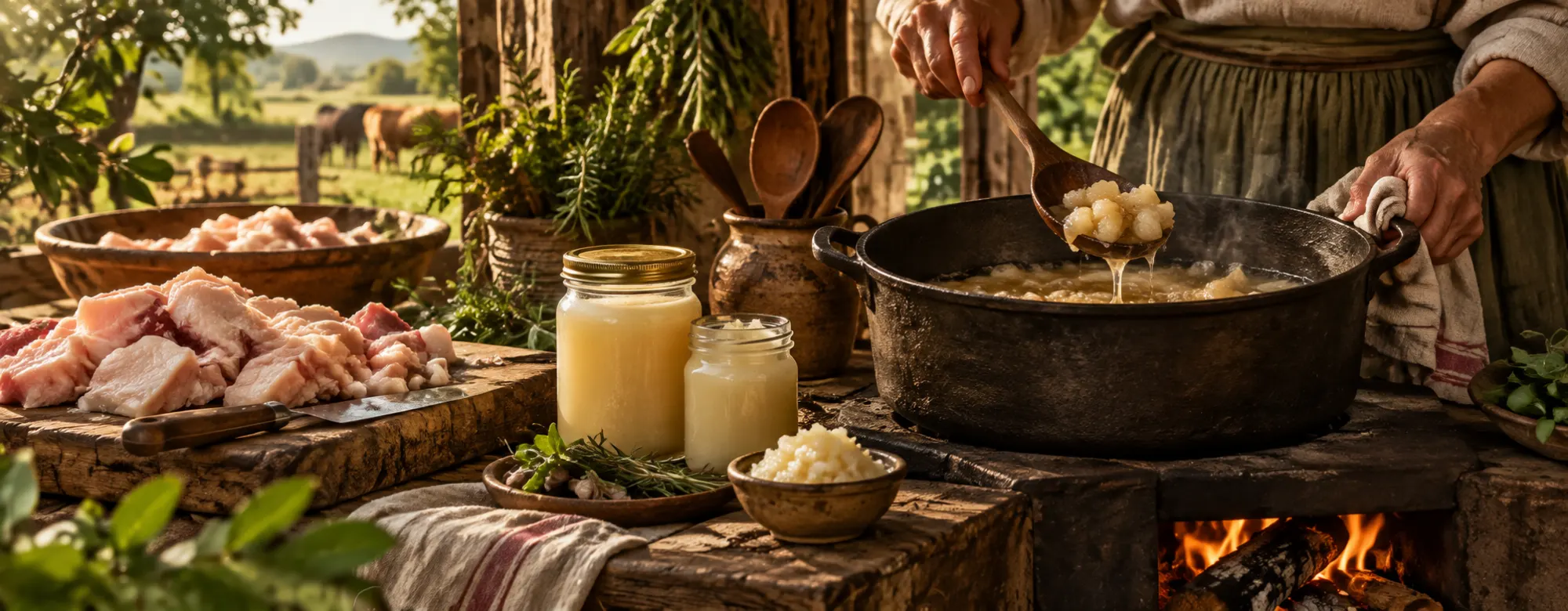Ilustração de uma cozinha rústica com gordura crua picada sobre a tábua, dois potes de vidro com gordura branca e uma panela de ferro no fogão a lenha onde a gordura derrete