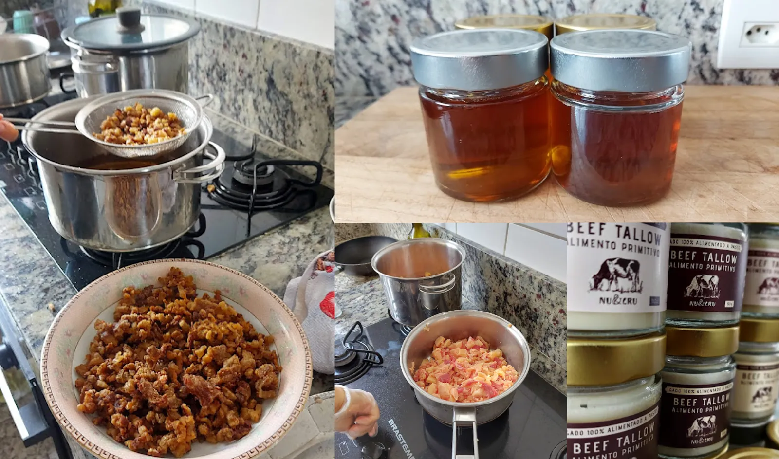 Produção artesanal: gordura derretendo na panela, torresmos e potes de beef tallow